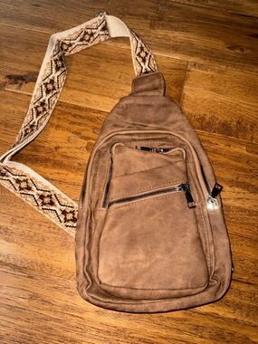 Brown Canvas Sling Bag with Patterned Strap - Unbranded